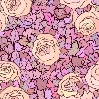 Gül ve yaprakları, süs karmaşık süsleri ve çiçekler, çizilmiş sanatsal arka plan ile tekstil tasarımı veya duvar kağıdı için mükemmel çiçek seamless modeli