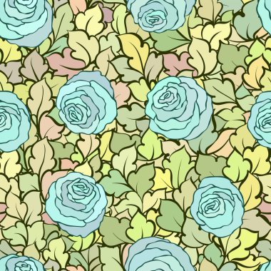 Gül ve yaprakları, süs karmaşık süsleri ve çiçekler, çizilmiş sanatsal arka plan ile tekstil tasarımı veya duvar kağıdı için mükemmel çiçek seamless modeli