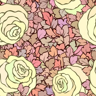 Gül ve yaprakları, süs karmaşık süsleri ve çiçekler, çizilmiş sanatsal arka plan ile tekstil tasarımı veya duvar kağıdı için mükemmel çiçek seamless modeli