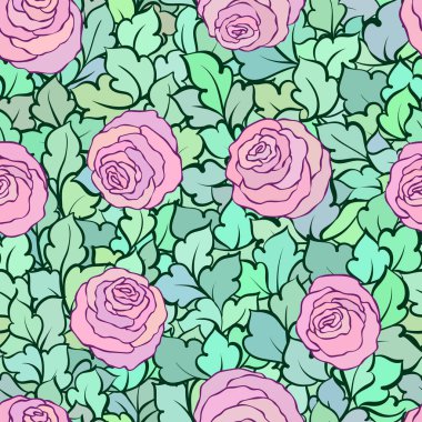 Gül ve yaprakları, süs karmaşık süsleri ve çiçekler, çizilmiş sanatsal arka plan ile tekstil tasarımı veya duvar kağıdı için mükemmel çiçek seamless modeli