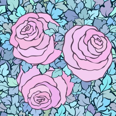 Gül ve yaprakları, süs karmaşık süsleri ve çiçekler, çizilmiş sanatsal arka plan ile tekstil tasarımı veya duvar kağıdı için mükemmel çiçek seamless modeli