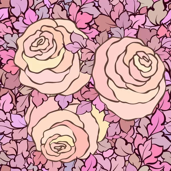 Квітковий безшовний візерунок з трояндами і листям, декоративний складний розквіт і квіти, намальований вручну художній фон, ідеально підходить для текстильного дизайну або шпалер — стоковий вектор