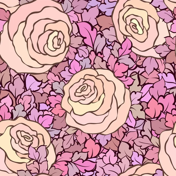 Motif floral sans couture avec des roses et des feuilles, fleurs et fleurs complexes ornementales, fond artistique dessiné à la main, parfait pour la conception textile ou papier peint — Image vectorielle