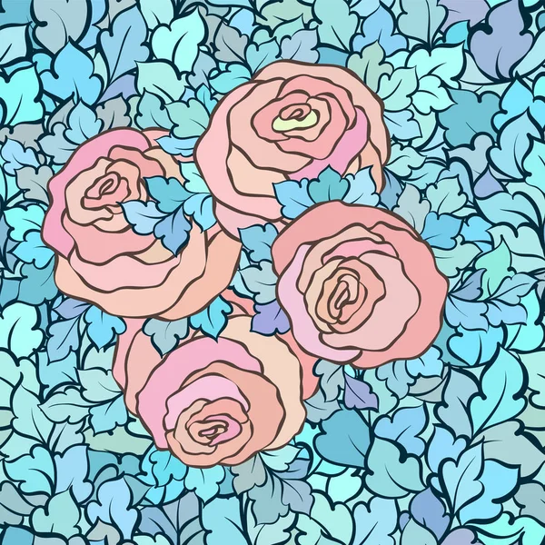 Patrón sin costura floral con rosas y hojas, flores y florituras intrincadas ornamentales, fondo artístico dibujado a mano, perfecto para el diseño textil o papel pintado — Vector de stock