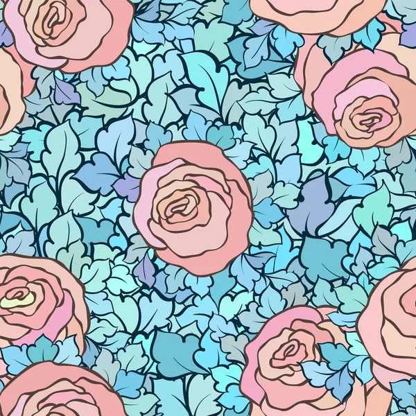 Λουλουδάτο μοτίβο άνευ ραφής με τριαντάφυλλα και καλλωπιστικά περίτεχνα στολίδια και λουλούδια, φύλλα χέρι καλλιτεχνική φόντο, ιδανικό για Σχεδιασμός υφασμάτων ή της ταπετσαρίας — Διανυσματικό Αρχείο