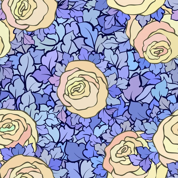 Patrón sin costura floral con rosas y hojas, flores y florituras intrincadas ornamentales, fondo artístico dibujado a mano, perfecto para el diseño textil o papel pintado — Vector de stock