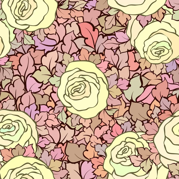 Patrón sin costura floral con rosas y hojas, flores y florituras intrincadas ornamentales, fondo artístico dibujado a mano, perfecto para el diseño textil o papel pintado — Vector de stock