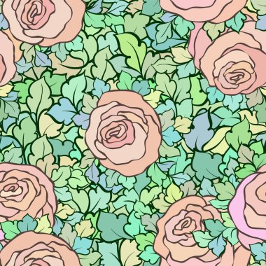Gül ve yaprakları, süs karmaşık süsleri ve çiçekler, çizilmiş sanatsal arka plan ile tekstil tasarımı veya duvar kağıdı için mükemmel çiçek seamless modeli