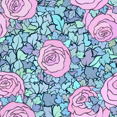 Gül ve yaprakları, süs karmaşık süsleri ve çiçekler, çizilmiş sanatsal arka plan ile tekstil tasarımı veya duvar kağıdı için mükemmel çiçek seamless modeli