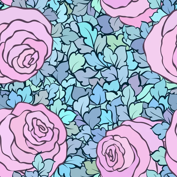 Florales nahtloses Muster mit Rosen und Blättern, ornamentale komplizierte Blüten und Blumen, handgezeichneter künstlerischer Hintergrund, perfekt für Textildesign oder Tapete — Stockvektor