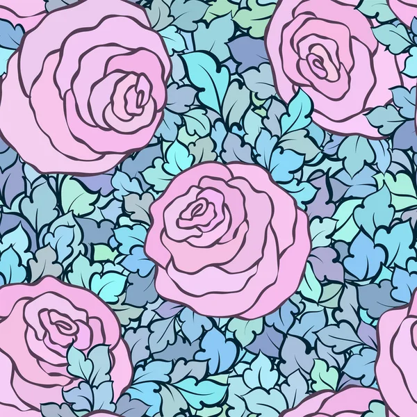 Patrón sin costura floral con rosas y hojas, flores y florituras intrincadas ornamentales, fondo artístico dibujado a mano, perfecto para el diseño textil o papel pintado — Vector de stock