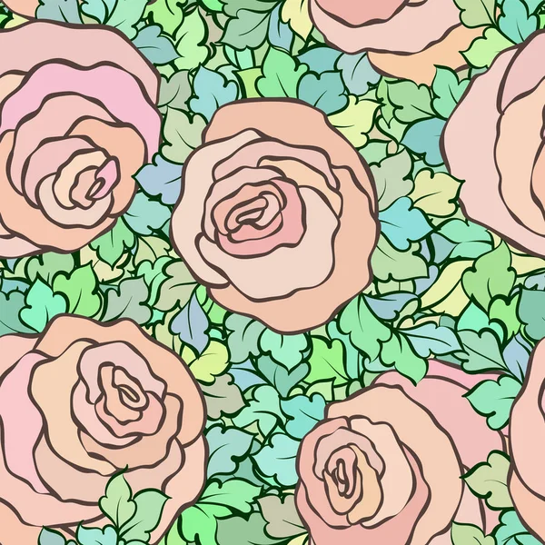 Patrón sin costura floral con rosas y hojas, flores y florituras intrincadas ornamentales, fondo artístico dibujado a mano, perfecto para el diseño textil o papel pintado — Vector de stock