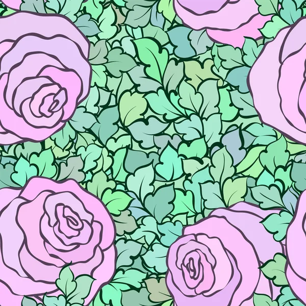 Patrón sin costura floral con rosas y hojas, flores y florituras intrincadas ornamentales, fondo artístico dibujado a mano, perfecto para el diseño textil o papel pintado — Vector de stock