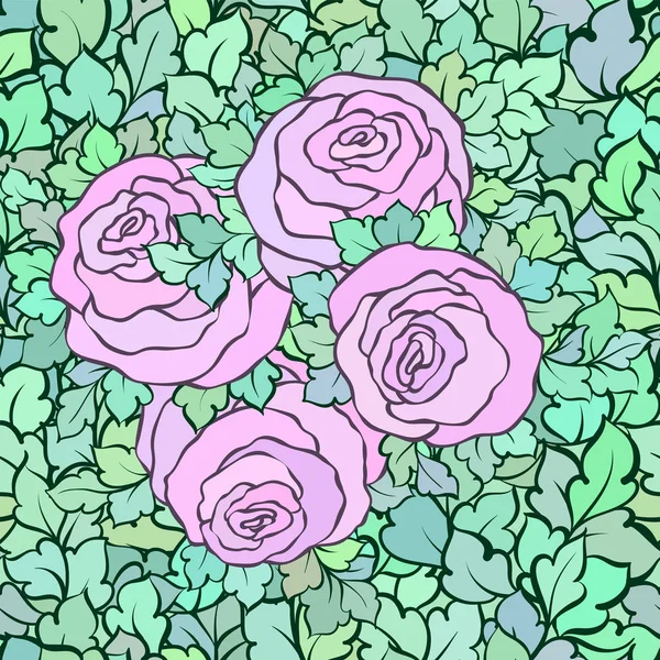 Patrón sin costura floral con rosas y hojas, flores y florituras intrincadas ornamentales, fondo artístico dibujado a mano, perfecto para el diseño textil o papel pintado — Vector de stock