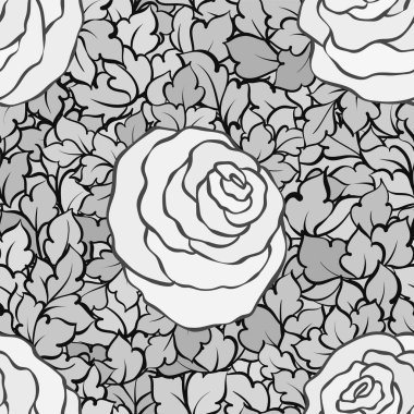 Şirin gül, tek renkli seamless modeli ile çiçek dekoratif siyah ve beyaz arka plan