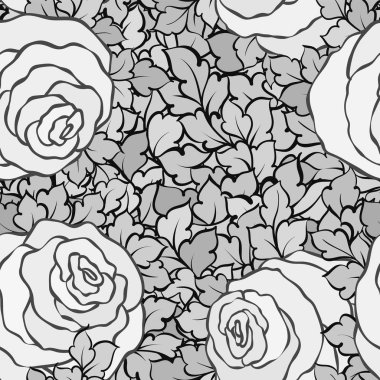 Şirin gül, tek renkli seamless modeli ile çiçek dekoratif siyah ve beyaz arka plan
