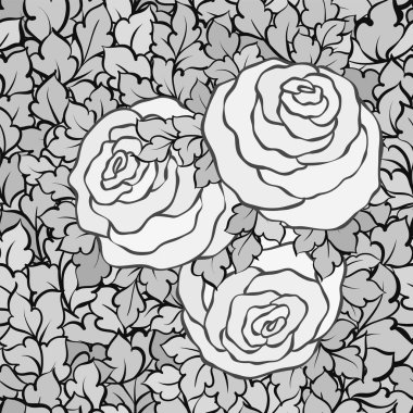 Şirin gül, tek renkli seamless modeli ile çiçek dekoratif siyah ve beyaz arka plan