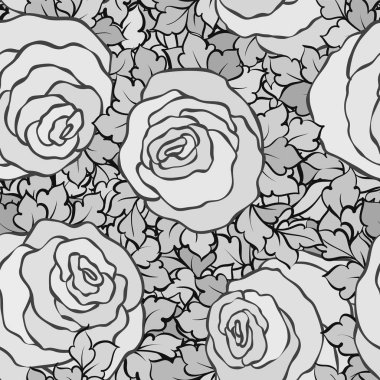 Şirin gül, tek renkli seamless modeli ile çiçek dekoratif siyah ve beyaz arka plan