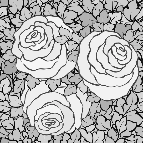 Floral decorativo preto e branco fundo com rosas bonitos, padrão sem costura monocromático — Vetor de Stock
