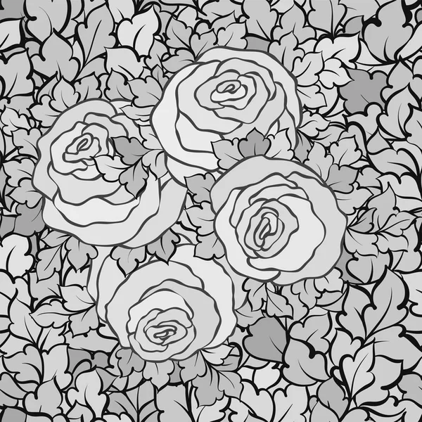 かわいいバラ、モノクロのシームレスなパターンで花の装飾的な黒と白の背景 — ストックベクタ