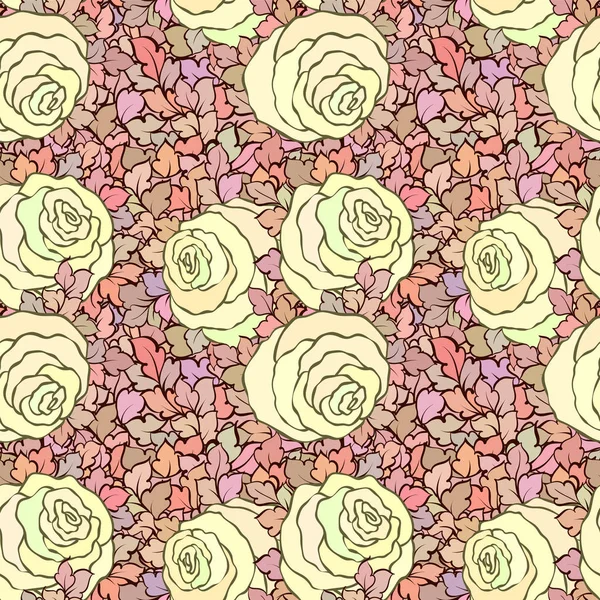 सुंदर गुलाब के साथ फूल सजावटी उज्ज्वल गुलाबी पृष्ठभूमि, सीमलेस पैटर्न — स्टॉक वेक्टर