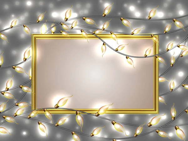 Gouden frame met plaats voor tekst omringd door kleurrijke Glowing Kerstmis Lights.Vector elementen kan worden gebruikt als achtergrond in nieuwjaarskaart. Vakantie afbeelding, lichtgevende elektrische garland, glanzende lichte bu — Stockvector