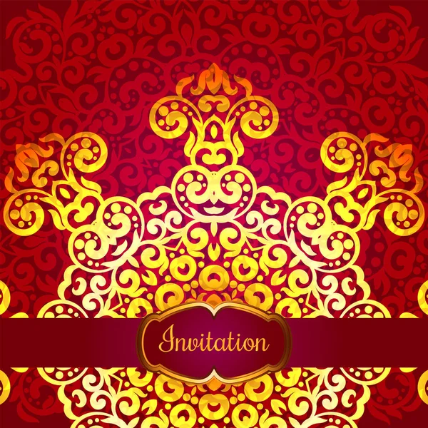 Cartão de convite rico em ouro no estilo indiano. Cartões Boémios com mandalas. Ornamento real vermelho e dourado. Modelo exclusivo para design ou plano de fundo —  Vetores de Stock