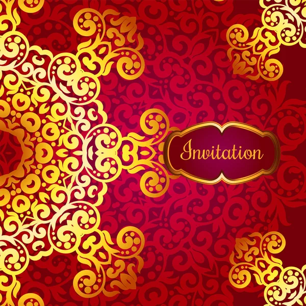 Rich gold invitation card in the Indian style. Bohemian Cards with mandalas. Royal red and gold ornament. Unique template for design or backdrop — Stock Vector