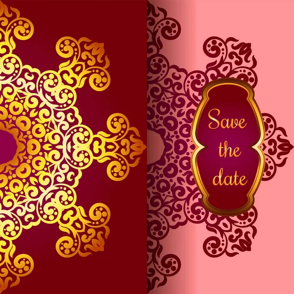 Reiche goldene Einladungskarte im indischen Stil. Bohemian Cards mit Mandalas. königliches rot-goldenes Ornament. einzigartige Vorlage für Design oder Hintergrund — Stockvektor