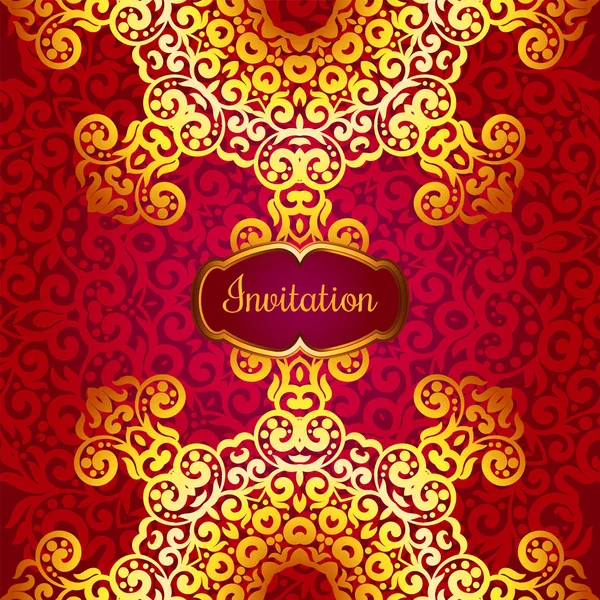 Rijke gouden uitnodigingskaart in de Indiase stijl. Boheemse kaarten met mandala's. Koninklijk rood en goud ornament. Unieke template voor ontwerp of achtergrond — Stockvector