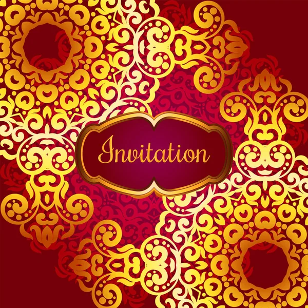 Carte d'invitation riche en or dans le style indien. Cartes Bohème avec mandalas. Ornement royal rouge et or. Modèle unique pour la conception ou la toile de fond — Image vectorielle