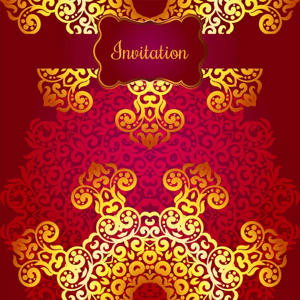 Rich gold invitation card in the Indian style. Bohemian Cards with mandalas. Royal red and gold ornament. Unique template for design or backdrop — Stock Vector