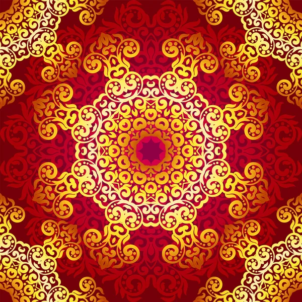 Patrón de oro rico sin costuras en el estilo indio. Fondo bohemio con mandalas. Adorno real rojo y dorado. Plantilla única para diseño o telón de fondo — Vector de stock