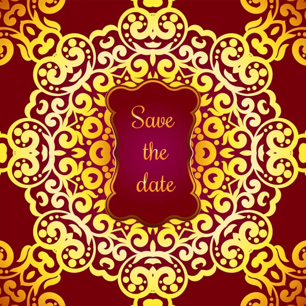 Πλούσιο χρυσό προσκλητήριο σε Ινδικό στυλ. Μποέμ κάρτες με μάνταλα. Βασιλικό κόκκινο και χρυσό στολίδι. Μοναδικό πρότυπο για το σχεδιασμό ή φόντο — Διανυσματικό Αρχείο