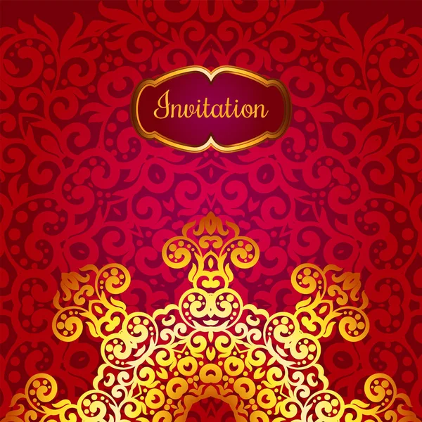 Rika guld inbjudningskort i indisk stil. Bohemiska kort med mandalas. Royal röd och guld ornament. Unik mall för design eller bakgrund — Stock vektor