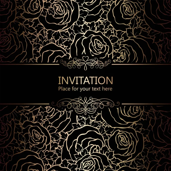 Fundo abstrato com rosas, quadro vintage preto e dourado de luxo, banner vitoriano, damasco ornamentos florais papel de parede, cartão de convite, livreto de estilo barroco, padrão de moda, modelo para design . — Vetor de Stock