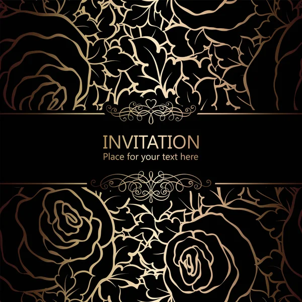 Fundo abstrato com rosas, quadro vintage preto e dourado de luxo, banner vitoriano, damasco ornamentos florais papel de parede, cartão de convite, livreto de estilo barroco, padrão de moda, modelo para design . — Vetor de Stock