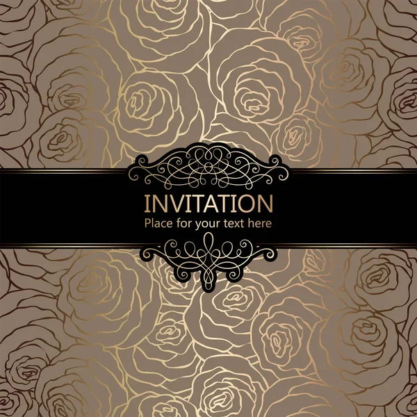 Abstract background with roses, luxury beige and gold vintage frame, damask floral wallpaper ornaments, invitation card with place for text, baroque style booklet, fashion pattern, template for design — Stock Vector