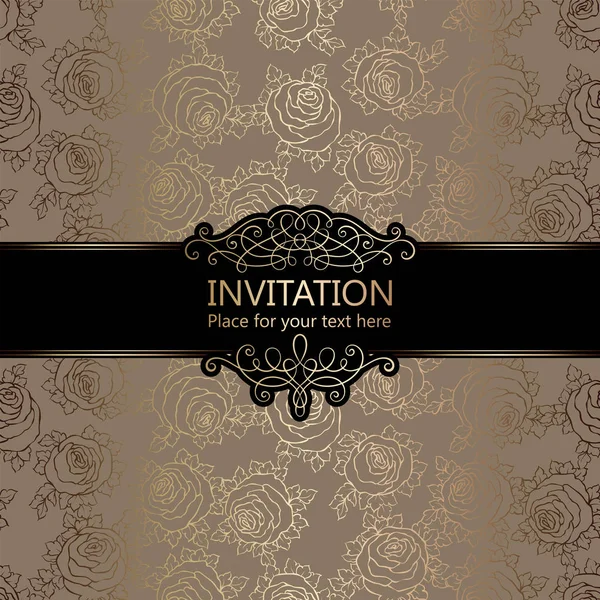 Abstract background with roses, luxury beige and gold vintage frame, damask floral wallpaper ornaments, invitation card with place for text, baroque style booklet, fashion pattern, template for design — Stock Vector