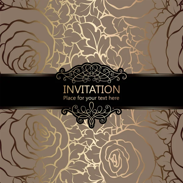 Abstract achtergrond met rozen, luxe beige en goud vintage frame, damast bloemen behang ornamenten, uitnodigingskaart met plaats voor tekst, barokke stijl boekje, mode patroon, sjabloon voor ontwerp — Stockvector