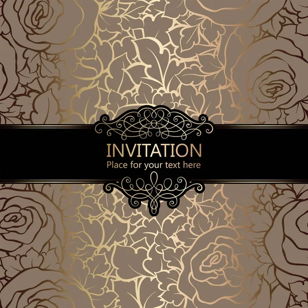 Αφηρημένα φόντο με τριαντάφυλλα, πολυτελή μπεζ και χρυσό στολίδια floral ταπετσαρία vintage πλαίσιο, damask, προσκλητήριο με χώρο για κείμενο, μπαρόκ στυλ φυλλαδίου, σχέδιο μόδας, πρότυπο για το σχεδιασμό — Διανυσματικό Αρχείο
