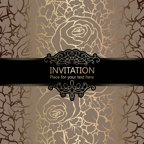 Abstract achtergrond met rozen, luxe beige en goud vintage frame, damast bloemen behang ornamenten, uitnodigingskaart met plaats voor tekst, barokke stijl boekje, mode patroon, sjabloon voor ontwerp — Stockvector