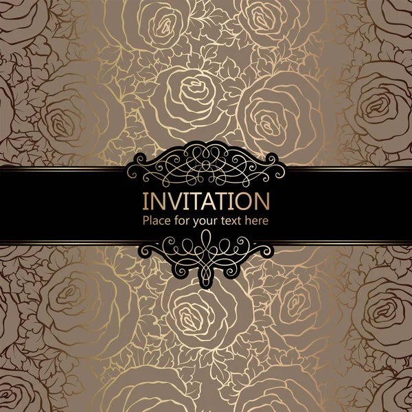 Abstract background with roses, luxury beige and gold vintage frame, damask floral wallpaper ornaments, invitation card with place for text, baroque style booklet, fashion pattern, template for design — Stock Vector