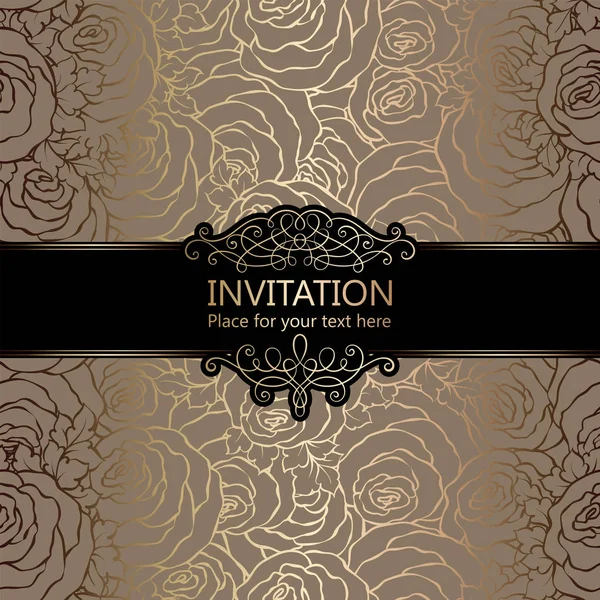 Abstract background with roses, luxury beige and gold vintage frame, damask floral wallpaper ornaments, invitation card with place for text, baroque style booklet, fashion pattern, template for design — Stock Vector