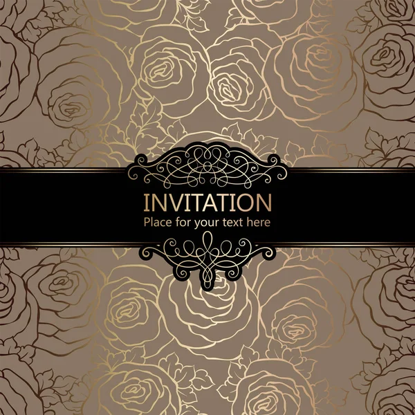 Abstract background with roses, luxury beige and gold vintage frame, damask floral wallpaper ornaments, invitation card with place for text, baroque style booklet, fashion pattern, template for design — Stock Vector