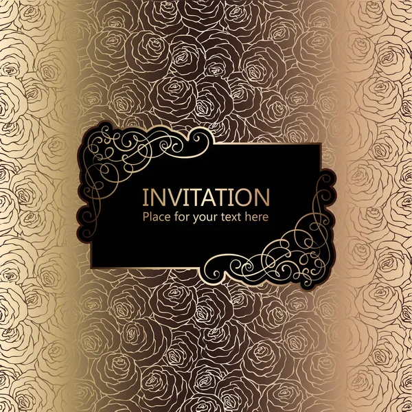 Abstract background with roses, luxury black and gold vintage frame, victorian banner, damask floral wallpaper ornaments, invitation card, baroque style booklet, fashion pattern, template for design. — Stock Vector