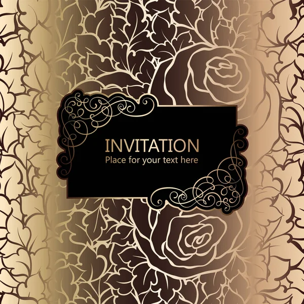 Abstrakter Hintergrund mit Rosen, luxuriöser schwarzer und goldener Vintage-Rahmen, viktorianisches Banner, Damast-Tapeten-Ornamente, Einladungskarte, Barock-Booklet, Modemuster, Design-Vorlage. — Stockvektor