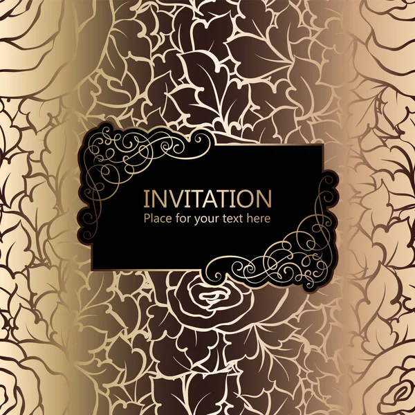 Abstract background with roses, luxury black and gold vintage frame, victorian banner, damask floral wallpaper ornaments, invitation card, baroque style booklet, fashion pattern, template for design. — Stock Vector