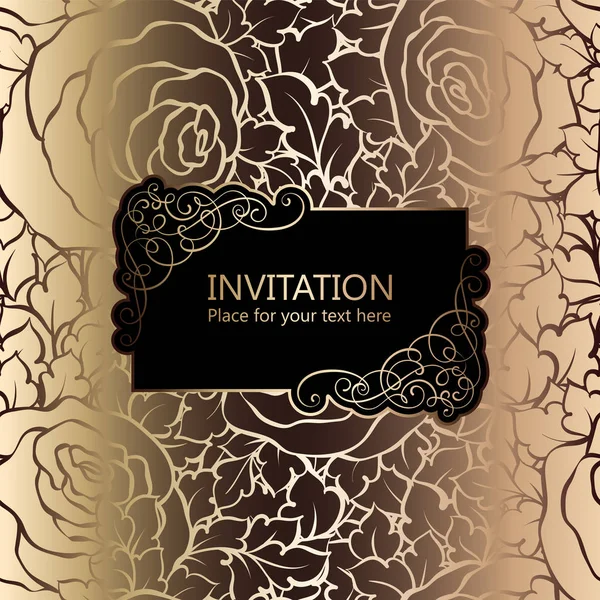 Abstrakter Hintergrund mit Rosen, luxuriöser schwarzer und goldener Vintage-Rahmen, viktorianisches Banner, Damast-Tapeten-Ornamente, Einladungskarte, Barock-Booklet, Modemuster, Design-Vorlage. — Stockvektor