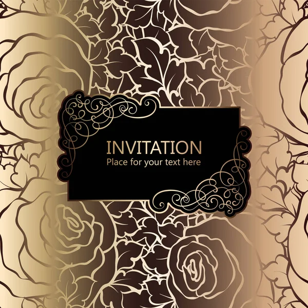 Αφηρημένα φόντο με τριαντάφυλλα, πολυτελές μαύρο και χρυσό πλαίσιο εκλεκτής ποιότητας, βικτοριανός banner, damask διακοσμητικά floral ταπετσαρία, προσκλητήριο, μπαρόκ στυλ φυλλαδίου, σχέδιο μόδας, πρότυπο για το σχεδιασμό. — Διανυσματικό Αρχείο